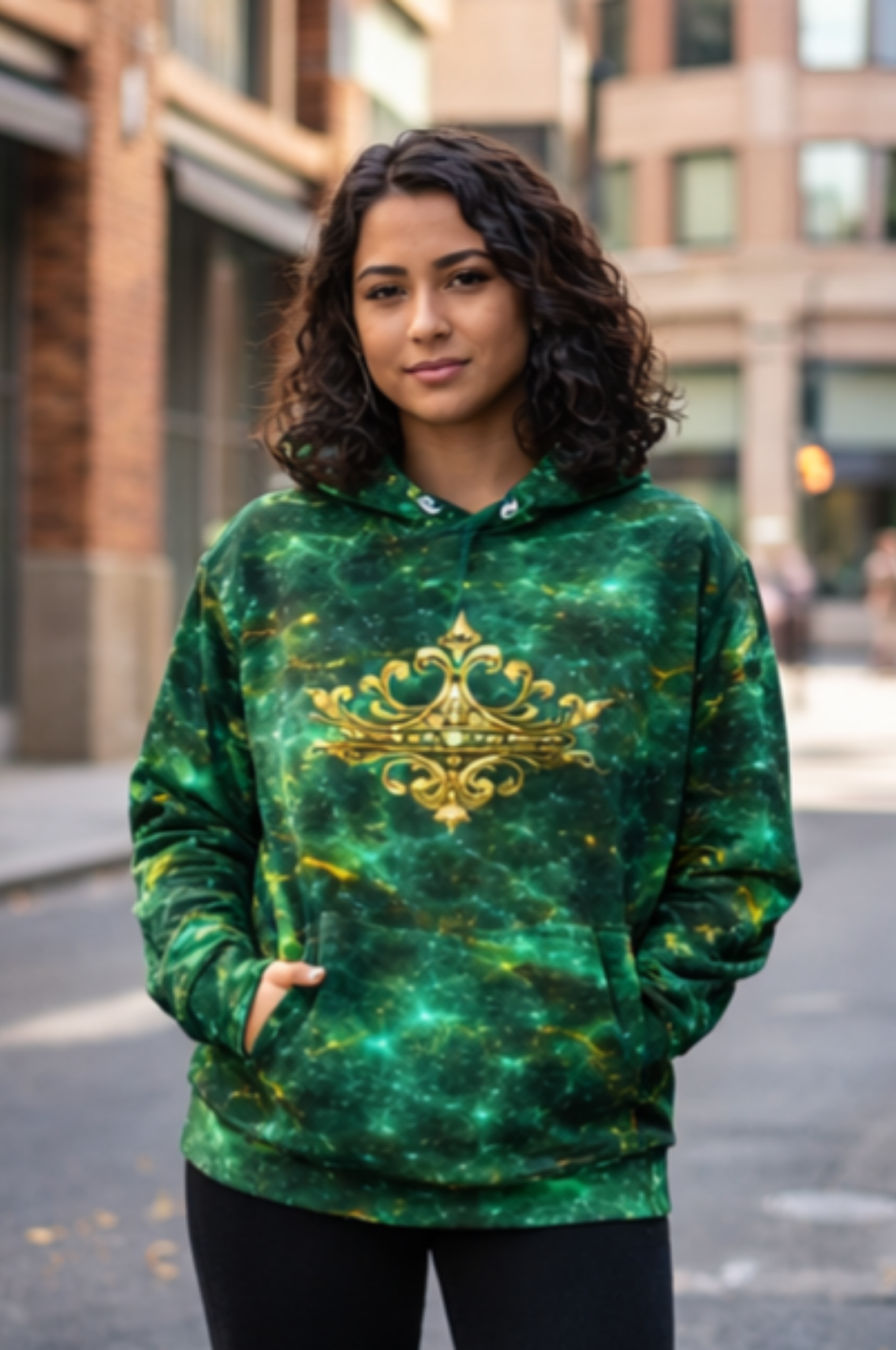 Person wearing a green hoodie with a gold emblem on a city street
