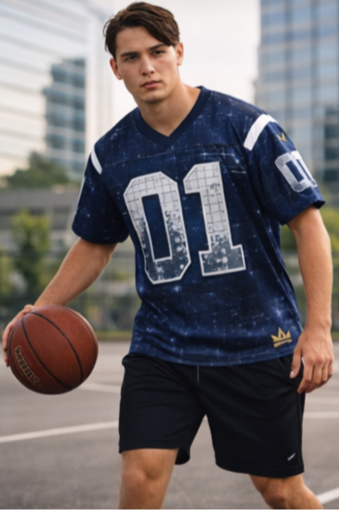 Person wearing a blue sports jersey with number 01, holding a basketball on an urban street.