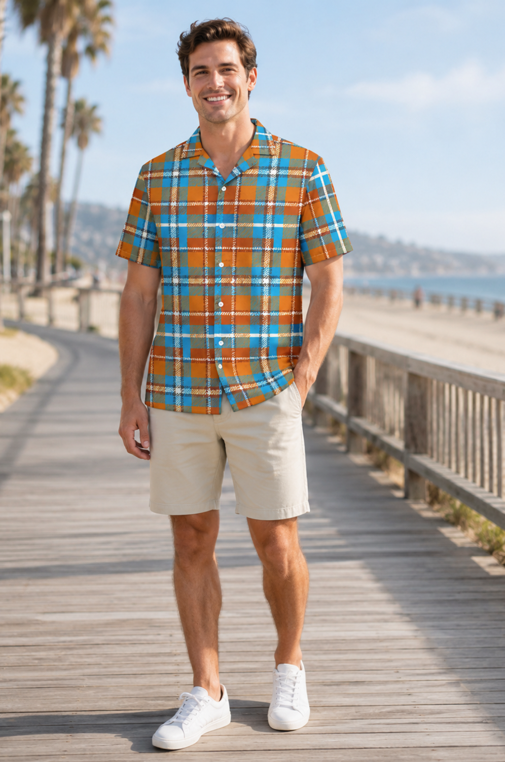Man wearing a plaid shirt and shorts standing on a wooden boardwalk with palm trees and ocean in the background.