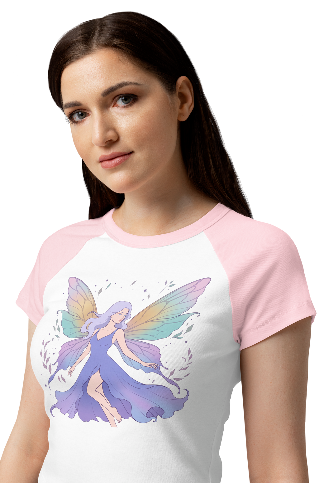 Woman wearing a t-shirt with a colorful fairy design on a white background