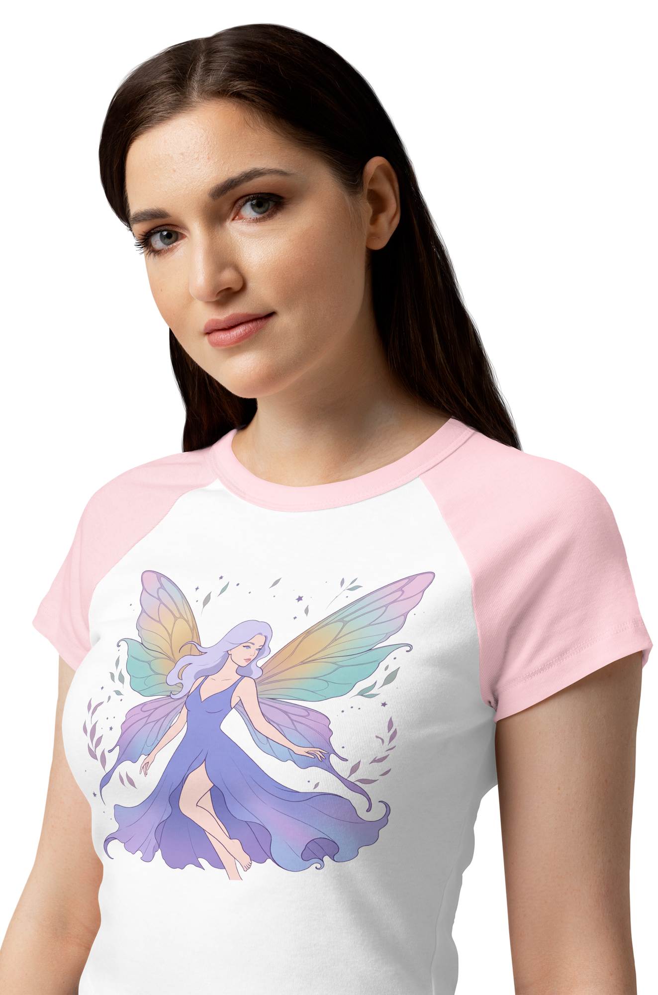 Woman wearing a t-shirt with a colorful fairy design on a white background
