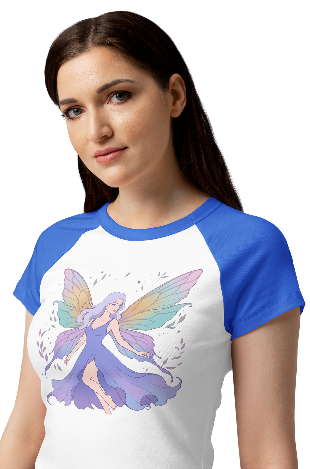 Woman wearing a white and blue t-shirt with a colorful fairy design on a plain background