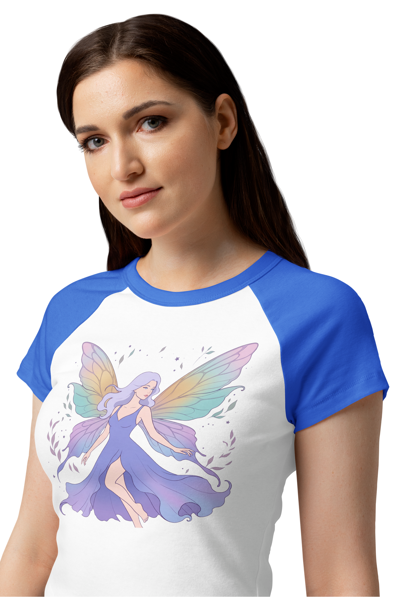 Woman wearing a white and blue t-shirt with a colorful fairy design on a plain background